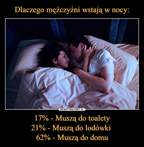 
    Dlaczego mężczyźni wstają w nocy: 17% - Muszą do toalety
21% - Muszą do lodówki 
62% - Muszą do domu