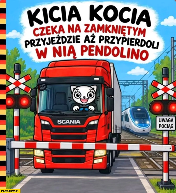 
    Kicia kocia czeka na zamkniętym przejeździe aż przypierdzieli w nią Pendolino