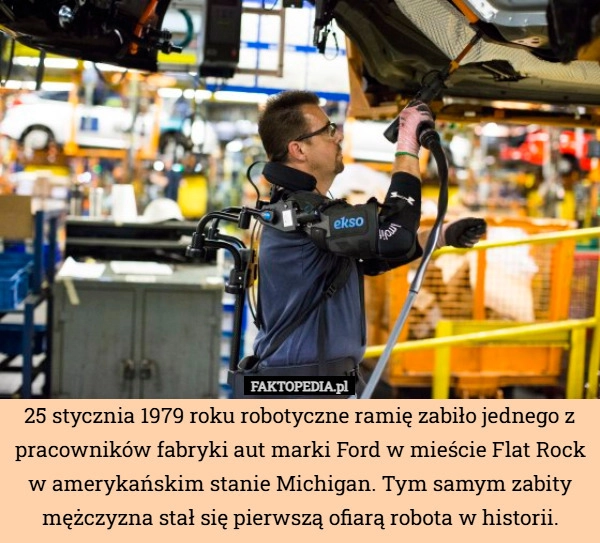 
    25 stycznia 1979 roku robotyczne ramię zabiło jednego z pracowników fabryki
