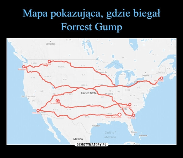 
    Mapa pokazująca, gdzie biegał Forrest Gump