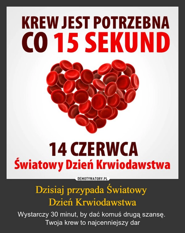 
    Dzisiaj przypada Światowy 
Dzień Krwiodawstwa