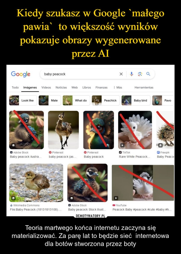 
    Kiedy szukasz w Google `małego pawia`  to większość wyników pokazuje obrazy wygenerowane przez AI