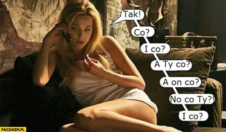 
    Typowa laska rozmawia przez telefon: tak, co, i co, a Ty, a on, no co ty, i co
