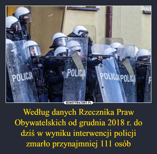 
    Według danych Rzecznika Praw Obywatelskich od grudnia 2018 r. do dziś w wyniku interwencji policji
zmarło przynajmniej 111 osób