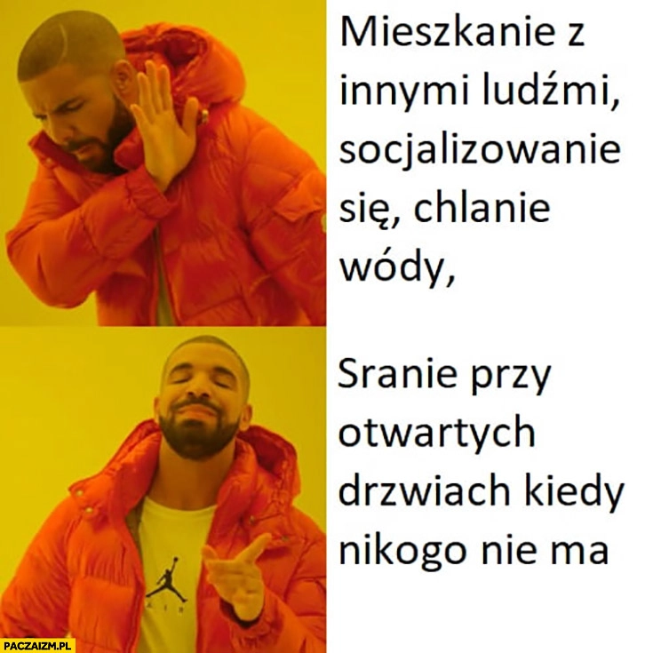 
    Mieszkanie z innymi ludźmi socjalizowanie się chlanie wody vs sranie przy otwartych drzwiach kiedy nikogo nie ma Drake