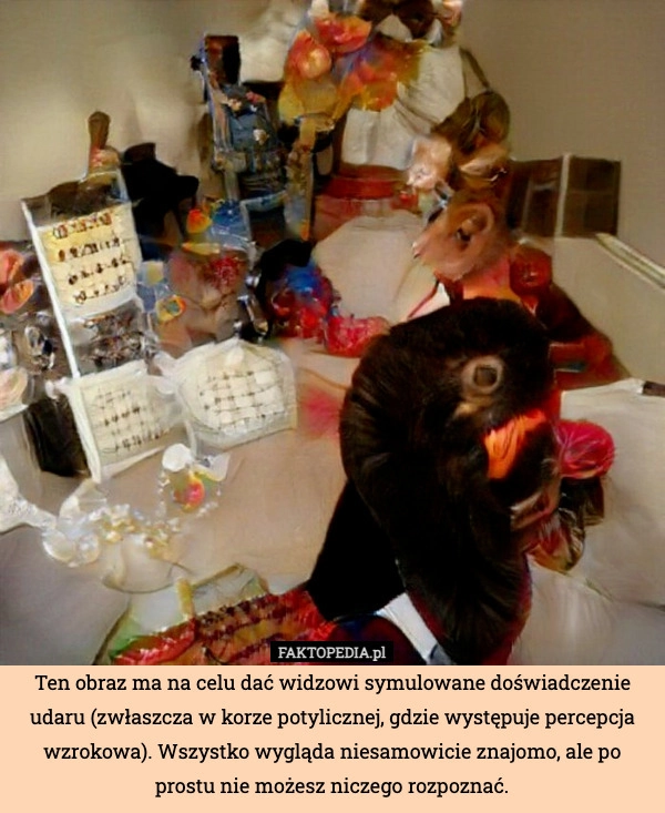 
    Ten obraz ma na celu dać widzowi symulowane doświadczenie udaru (zwłaszcza