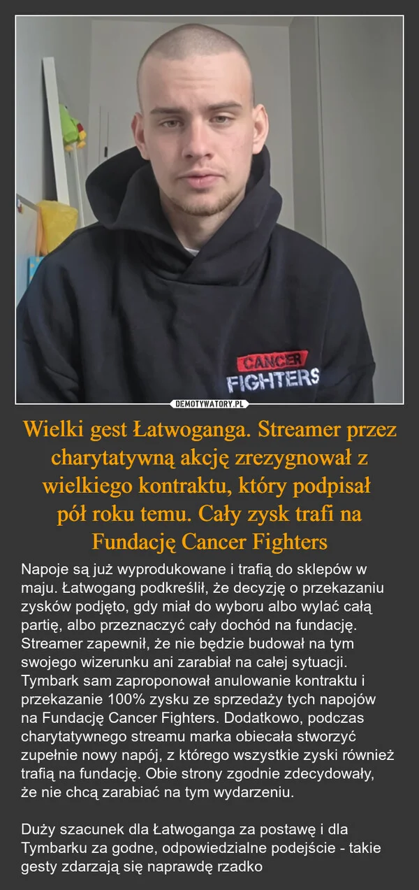 
    Wielki gest Łatwoganga. Streamer przez charytatywną akcję zrezygnował z wielkiego kontraktu, który podpisał pół roku temu. Cały zysk trafi na Fundację Cancer Fighters