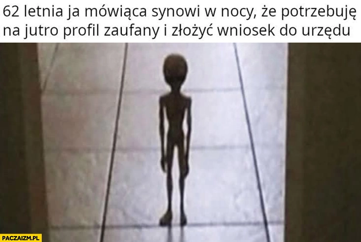 
    62-letnia ja mówiąca synowi w nocy, że potrzebuję na jutro profil zaufany i złożyć wniosek do urzędu