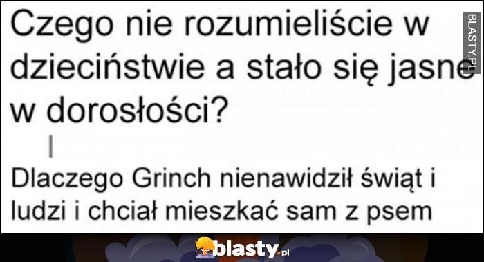 
    Czego nie rozumieliście w dzieciństwie a stało się jasne w dorosłości? Dlaczego Grinch nienawidził świąt i ludzi i chciał mieszkać sam z psem