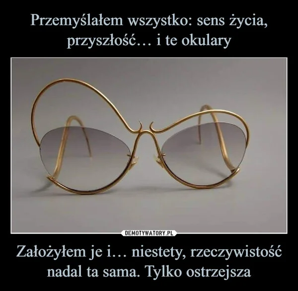 
    Przemyślałem wszystko: sens życia, przyszłość… i te okulary Założyłem je i… niestety, rzeczywistość nadal ta sama. Tylko ostrzejsza