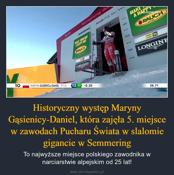 
    Historyczny występ Maryny Gąsienicy-Daniel, która zajęła 5. miejsce w zawodach Pucharu Świata w slalomie gigancie w Semmering