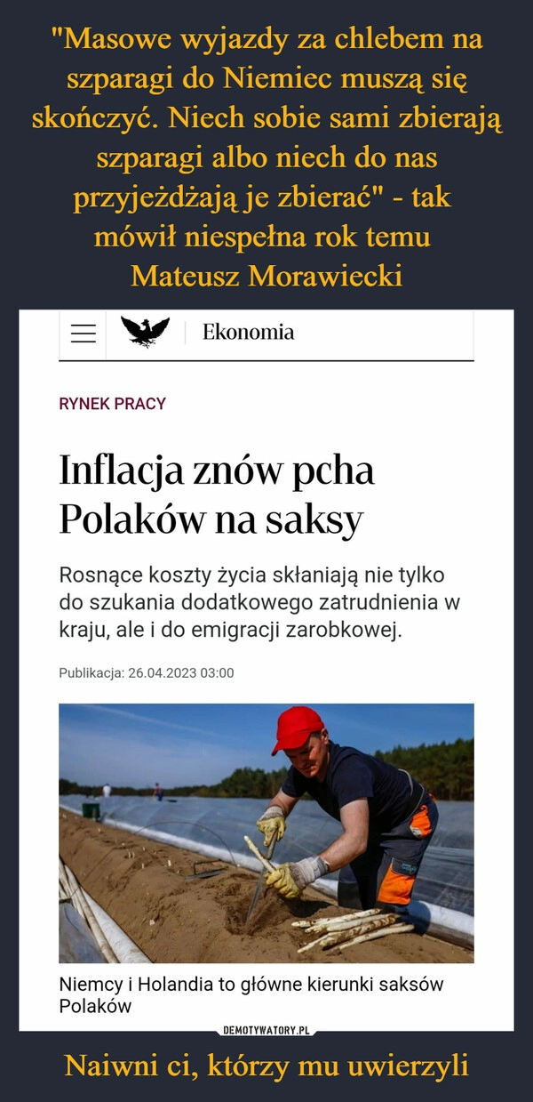 
    "Masowe wyjazdy za chlebem na szparagi do Niemiec muszą się skończyć. Niech sobie sami zbierają szparagi albo niech do nas przyjeżdżają je zbierać" - tak 
mówił niespełna rok temu 
Mateusz Morawiecki Naiwni ci, którzy mu uwierzyli