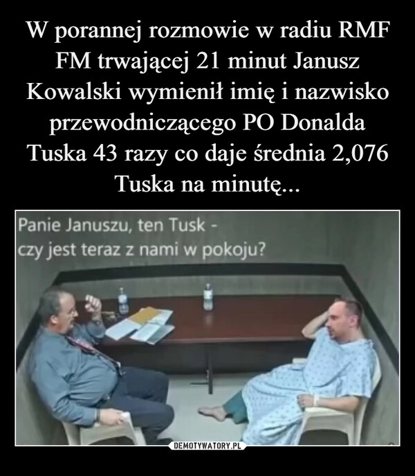 
    W porannej rozmowie w radiu RMF FM trwającej 21 minut Janusz Kowalski wymienił imię i nazwisko przewodniczącego PO Donalda Tuska 43 razy co daje średnia 2,076 Tuska na minutę...