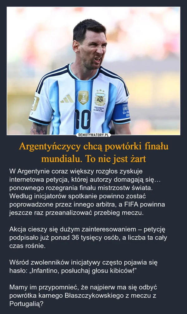 
    Argentyńczycy chcą powtórki finału mundialu. To nie jest żart