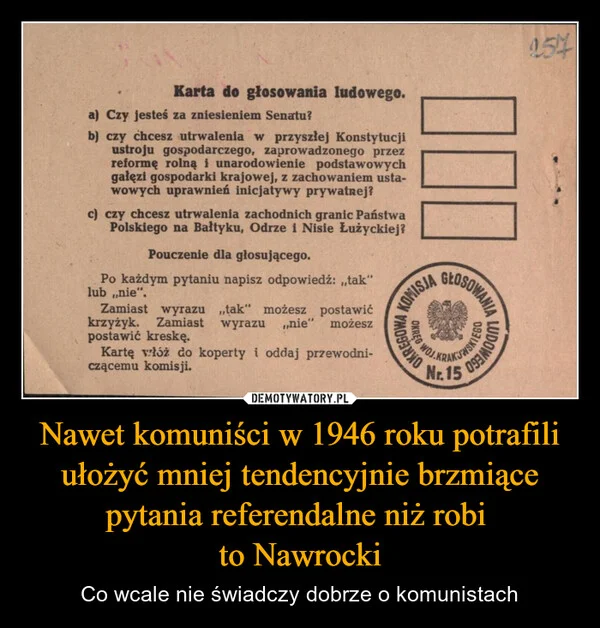
    Nawet komuniści w 1946 roku potrafili ułożyć mniej tendencyjnie brzmiące pytania referendalne niż robi to Nawrocki