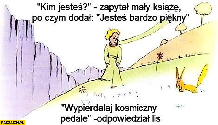 
    Kim jesteś? Zapytał Mały Książę. Po czym dodał jesteś bardzo piękny. Wypierdzielaj kosmiczny panie odpowiedział lis
