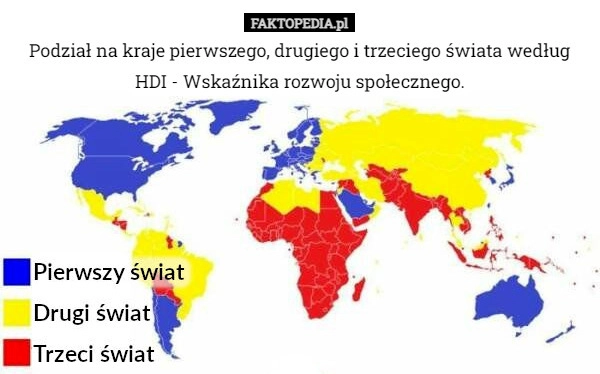 
    Podział na kraje pierwszego, drugiego i trzeciego świata według HDI - Wskaźnika