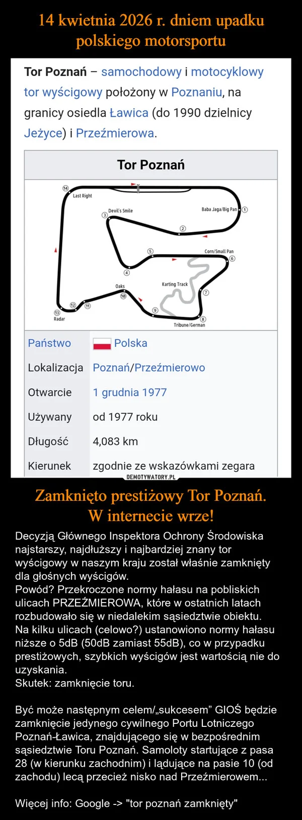 
    14 kwietnia 2026 r. dniem upadku polskiego motorsportu Zamknięto prestiżowy Tor Poznań. W internecie wrze!