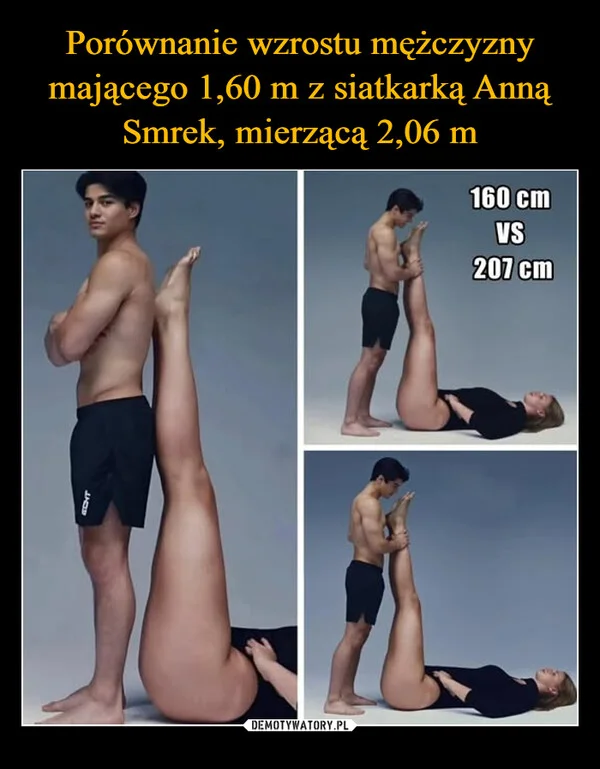 
    Porównanie wzrostu mężczyzny mającego 1,60 m z siatkarką Anną Smrek, mierzącą 2,06 m