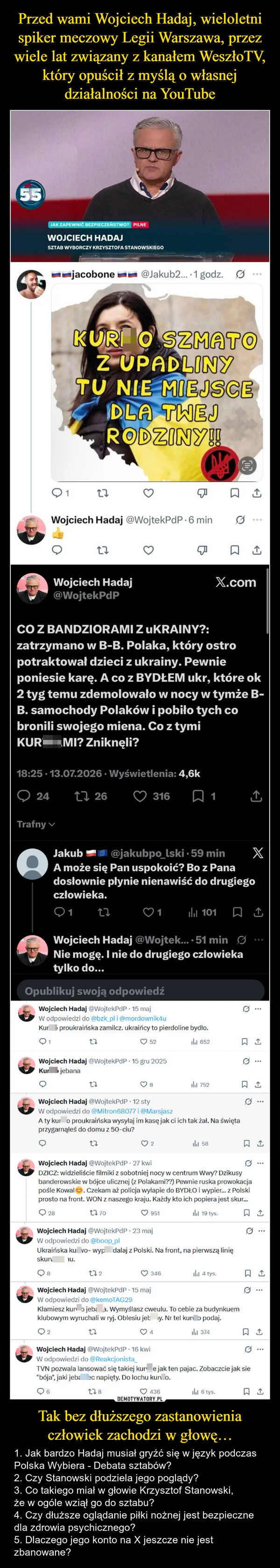 
    Przed wami Wojciech Hadaj, wieloletni spiker meczowy Legii Warszawa, przez wiele lat związany z kanałem WeszłoTV, który opuścił z myślą o własnej działalności na YouTube Tak bez dłuższego zastanowienia człowiek zachodzi w głowę…