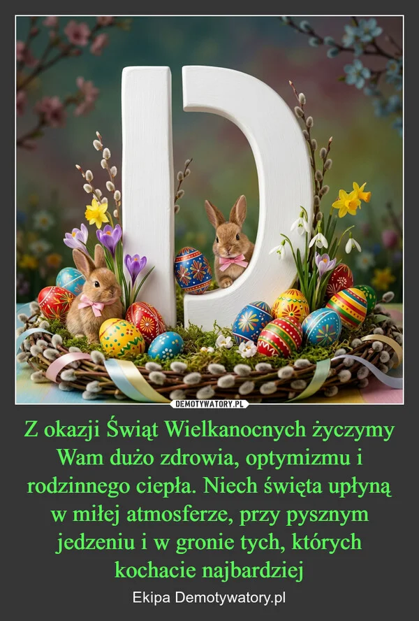
    Z okazji Świąt Wielkanocnych życzymy Wam dużo zdrowia, optymizmu i rodzinnego ciepła. Niech święta upłyną w miłej atmosferze, przy pysznym jedzeniu i w gronie tych, których kochacie najbardziej
