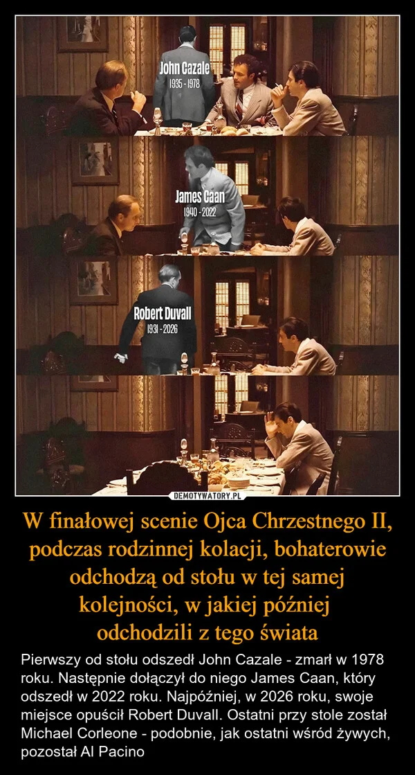 
    W finałowej scenie Ojca Chrzestnego II, podczas rodzinnej kolacji, bohaterowie odchodzą od stołu w tej samej kolejności, w jakiej później odchodzili z tego świata