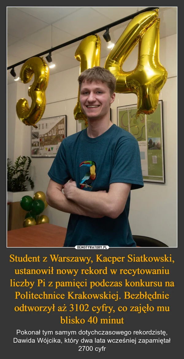 
    Student z Warszawy, Kacper Siatkowski, ustanowił nowy rekord w recytowaniu liczby Pi z pamięci podczas konkursu na Politechnice Krakowskiej. Bezbłędnie odtworzył aż 3102 cyfry, co zajęło mu blisko 40 minut