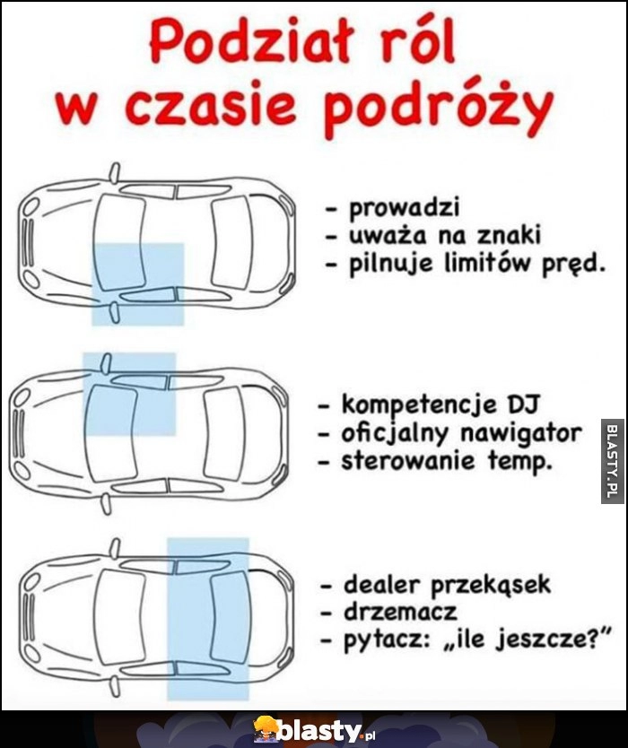 
    Podział ról w samochodzie w czasie podróży, kierowca, pasażer z przodu, pasażerowie z tyłu