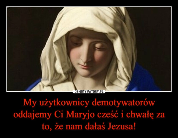 
    My użytkownicy demotywatorów oddajemy Ci Maryjo cześć i chwałę za to, że nam dałaś Jezusa! 