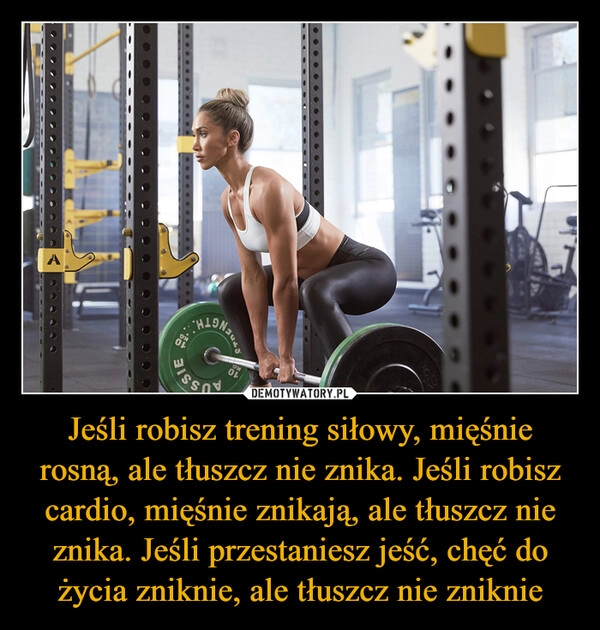 
    Jeśli robisz trening siłowy, mięśnie rosną, ale tłuszcz nie znika. Jeśli robisz cardio, mięśnie znikają, ale tłuszcz nie znika. Jeśli przestaniesz jeść, chęć do życia zniknie, ale tłuszcz nie zniknie