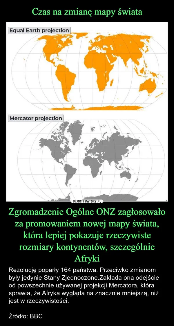Czas na zmianę mapy świata Zgromadzenie Ogólne ONZ zagłosowało za promowaniem nowej mapy świata, która lepiej pokazuje rzeczywiste rozmiary kontynentów, szczególnie Afryki