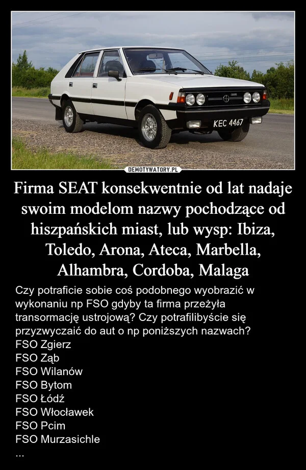 
    Firma SEAT konsekwentnie od lat nadaje swoim modelom nazwy pochodzące od hiszpańskich miast, lub wysp: Ibiza, Toledo, Arona, Ateca, Marbella, Alhambra, Cordoba, Malaga