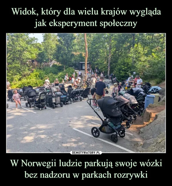 
    Widok, który dla wielu krajów wygląda jak eksperyment społeczny W Norwegii ludzie parkują swoje wózki bez nadzoru w parkach rozrywki