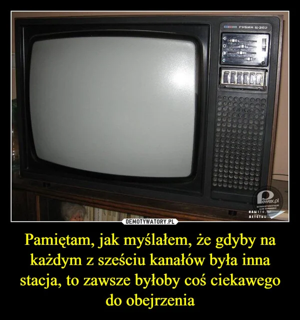 
    Pamiętam, jak myślałem, że gdyby na każdym z sześciu kanałów była inna stacja, to zawsze byłoby coś ciekawego do obejrzenia
