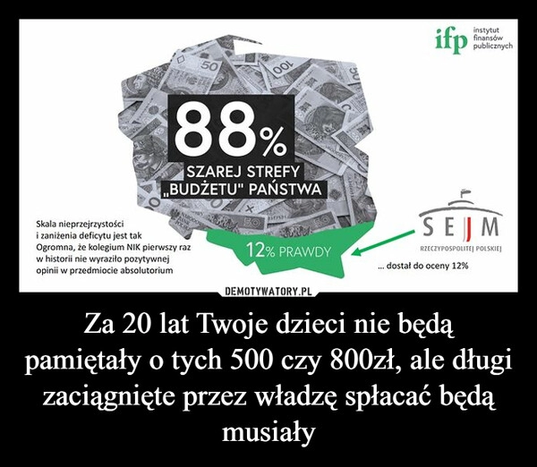 
    Za 20 lat Twoje dzieci nie będą pamiętały o tych 500 czy 800zł, ale długi zaciągnięte przez władzę spłacać będą musiały