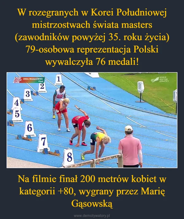 W rozegranych w Korei Południowej mistrzostwach świata masters (zawodników powyżej 35. roku życia) 79-osobowa reprezentacja Polski wywalczyła 76 medali! Na filmie finał 200 metrów kobiet w kategorii +80, wygrany przez Marię Gąsowską