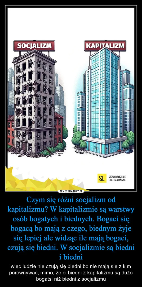 
    Czym się różni socjalizm od kapitalizmu? W kapitalizmie są warstwy osób bogatych i biednych. Bogaci się bogacą bo mają z czego, biednym żyje się lepiej ale widząc ile mają bogaci, czują się biedni. W socjalizmie są biedni i biedni