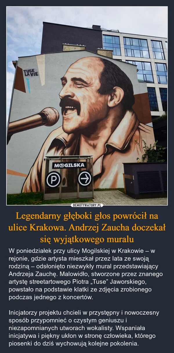 
    Legendarny głęboki głos powrócił na ulice Krakowa. Andrzej Zaucha doczekał się wyjątkowego muralu