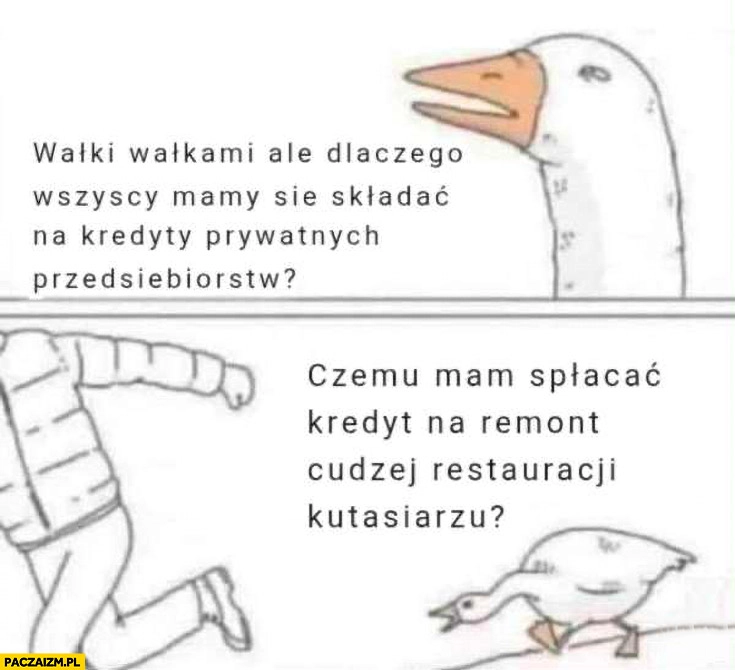 
    Gęś dlaczego wszyscy mamy się składać na kredyty prywatnych przedsiębiorstw czemu mam spłacać kredyt na remont cudzej restauracji