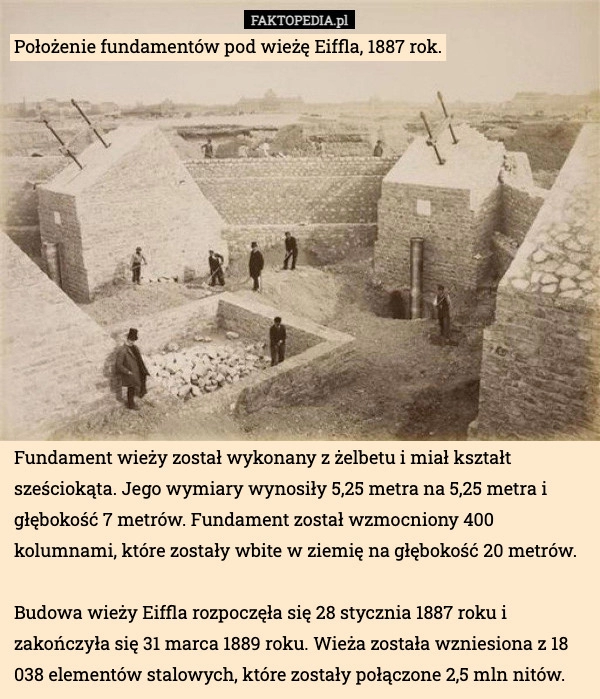 
    Położenie fundamentów pod wieżę Eiffla, 1887 rok.