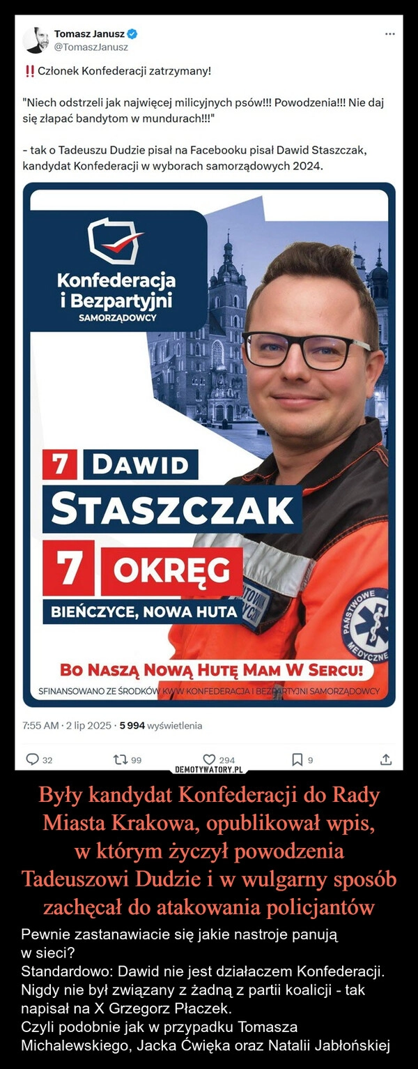 
    Były kandydat Konfederacji do Rady Miasta Krakowa, opublikował wpis,
w którym życzył powodzenia Tadeuszowi Dudzie i w wulgarny sposób zachęcał do atakowania policjantów