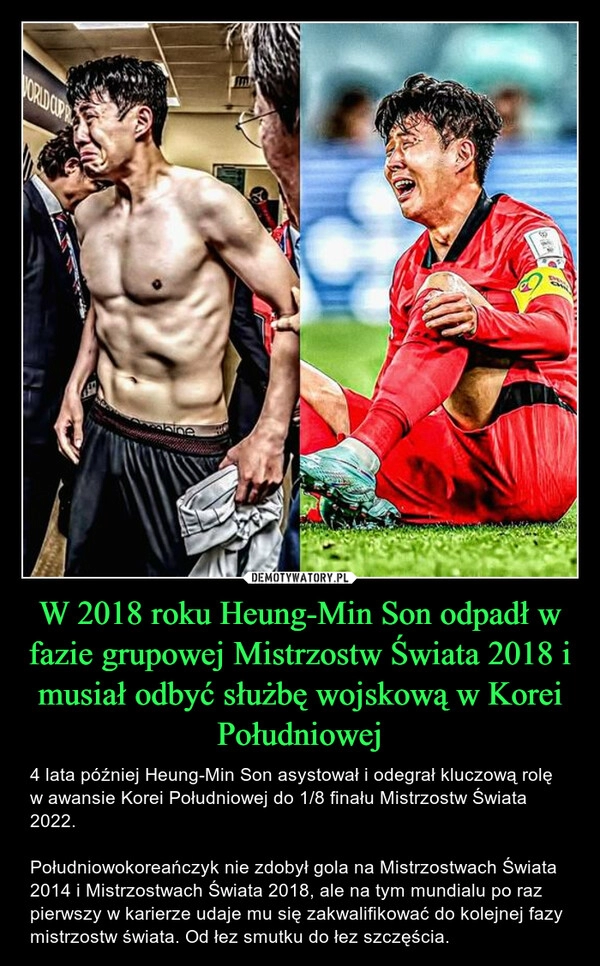 
    
W 2018 roku Heung-Min Son odpadł w fazie grupowej Mistrzostw Świata 2018 i musiał odbyć służbę wojskową w Korei Południowej 