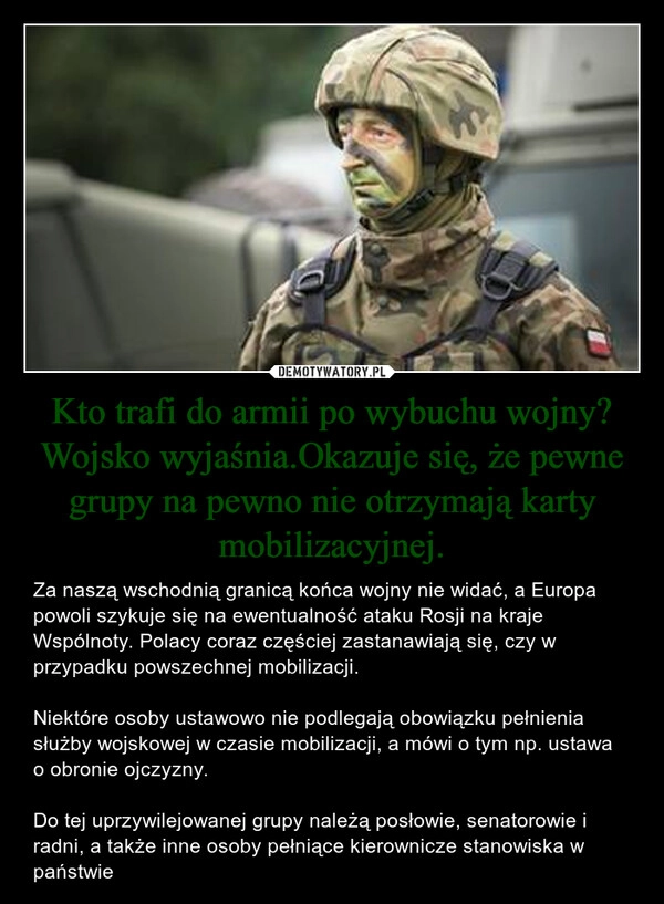 
    Kto trafi do armii po wybuchu wojny? Wojsko wyjaśnia.Okazuje się, że pewne grupy na pewno nie otrzymają karty mobilizacyjnej.