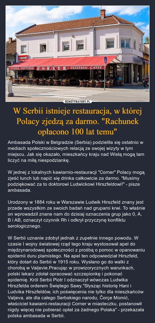 
    W Serbii istnieje restauracja, w której Polacy zjedzą za darmo. "Rachunek opłacono 100 lat temu"