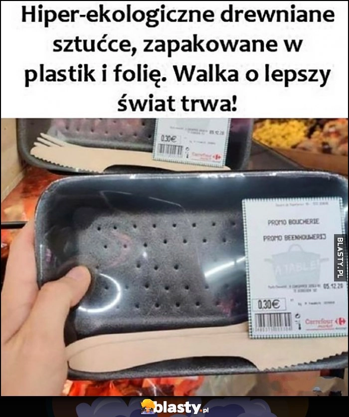 
    Hiper-ekologiczne drewniane sztućce, zapakowane w plastik i folię, walka o lepszy świat trwa