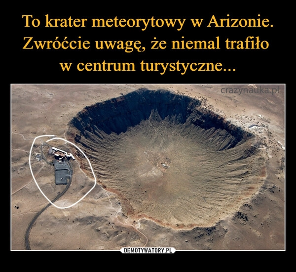 
    
To krater meteorytowy w Arizonie. Zwróćcie uwagę, że niemal trafiło
w centrum turystyczne... 