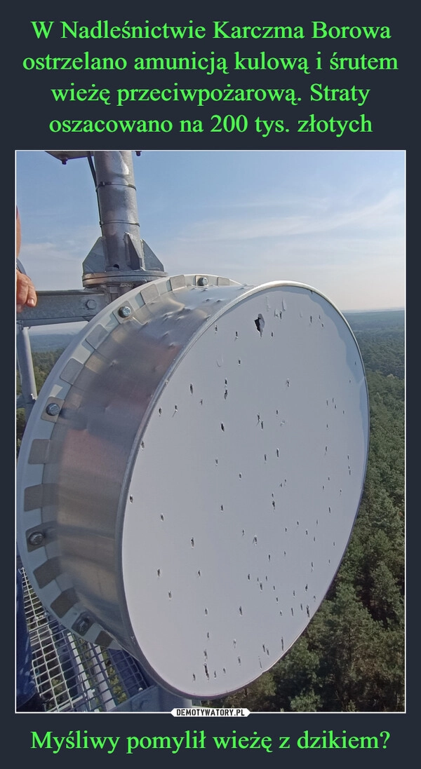 
    W Nadleśnictwie Karczma Borowa ostrzelano amunicją kulową i śrutem wieżę przeciwpożarową. Straty oszacowano na 200 tys. złotych Myśliwy pomylił wieżę z dzikiem?