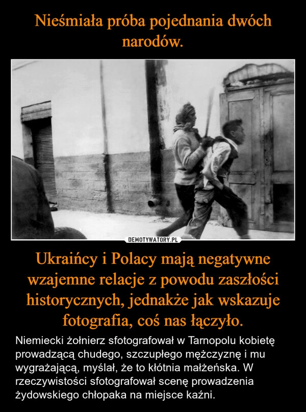 
    Nieśmiała próba pojednania dwóch narodów. Ukraińcy i Polacy mają negatywne wzajemne relacje z powodu zaszłości historycznych, jednakże jak wskazuje fotografia, coś nas łączyło.