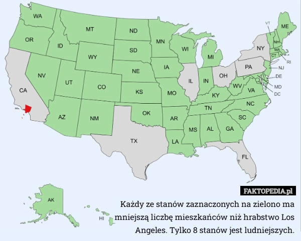 
    Każdy ze stanów zaznaczonych na zielono ma mniejszą liczbę mieszkańców niż