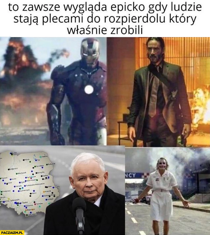 
    To zawsze wygląda epicko gdy ludzie staja plecami do rozpierdzielu który właśnie zrobili Kaczyński na tle Polski